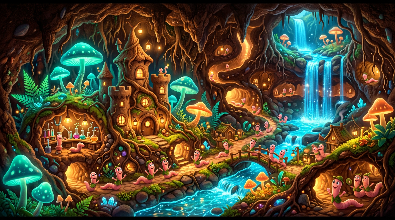 The magical underground kingdom of VermiTopia, with a root castle, glowing mushrooms, waterfalls and cheerful earthworms